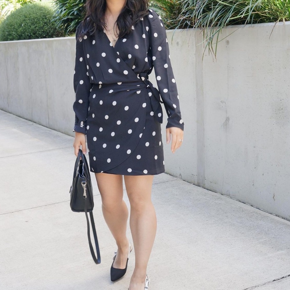 SEZANE Black & White Silk Polka Dot Long Sleeve V Neck Mini Wrap Dress - Picture 13 of 16